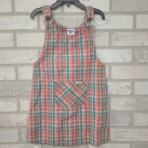 VTG OshKosh B'Gosh Plaid Jumper Dress Size 6 Pink Yellow Green - Picture 1 of 5